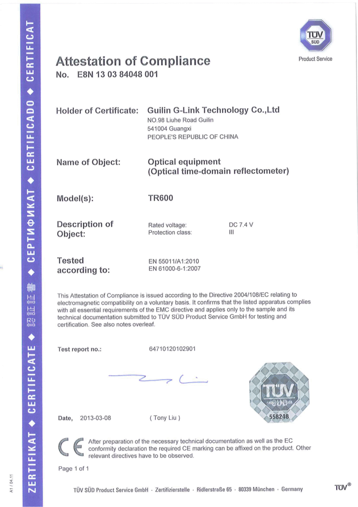 CE certificate for TR600 otdr