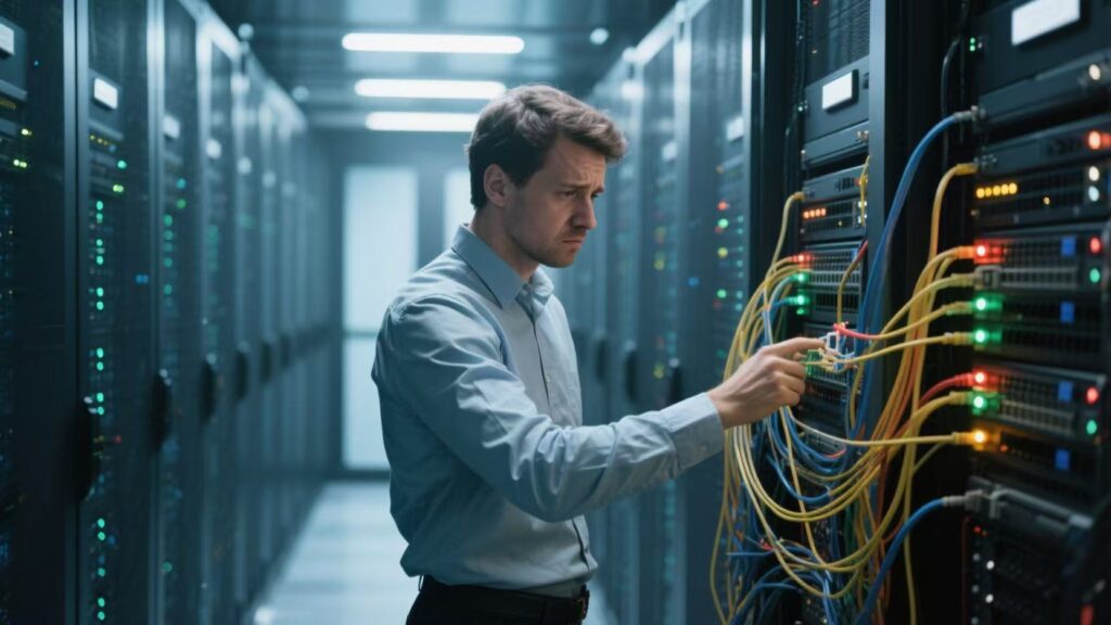 A network engineer is troubled in the computer room