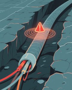 A sleek, stylized illustration of a buried fiber optic cable