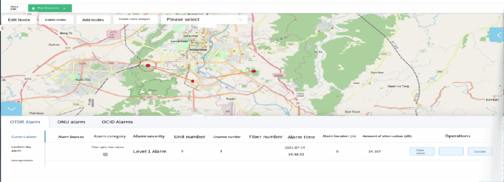 the GIS map interface cable routes and an alarm icon
