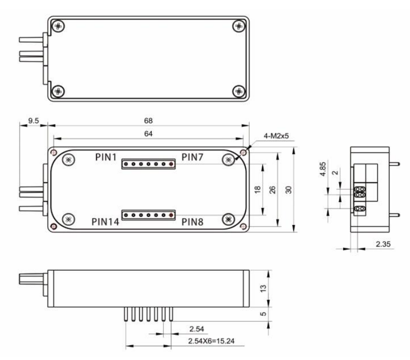 Outline drawing of Type G MEMS optical switch module for up to 16 output channels, showing compact rectangular housing with labeled dimensions.