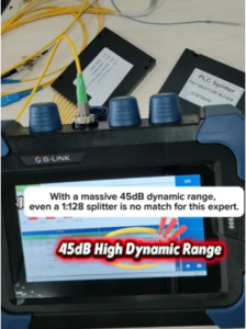 G-Link TRP800 PON OTDR testing fiber optic network through 1:128 splitter in high-loss environment