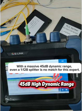 G-Link TRP800 PON OTDR testing fiber optic network through 1:128 splitter in high-loss environment